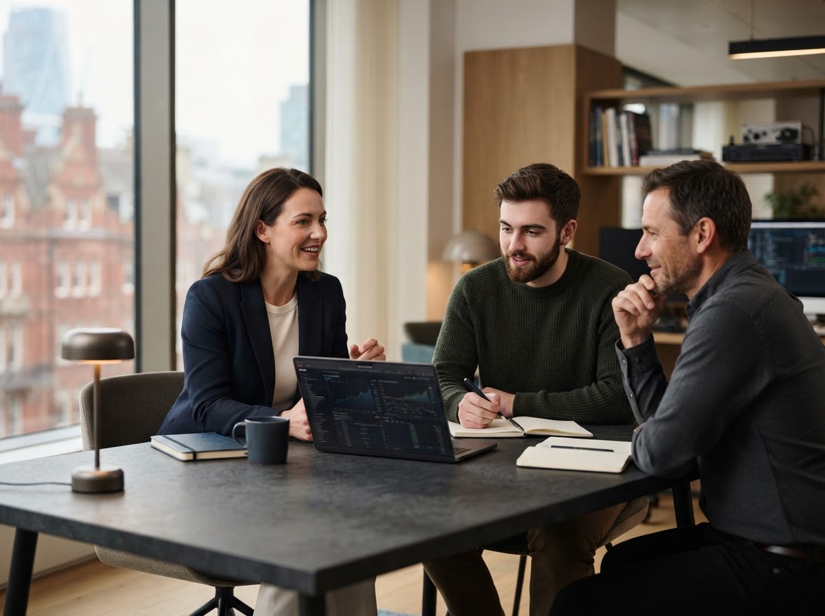 Nazoru Gikelu team reviewing AI-generated portfolio analysis on a laptop